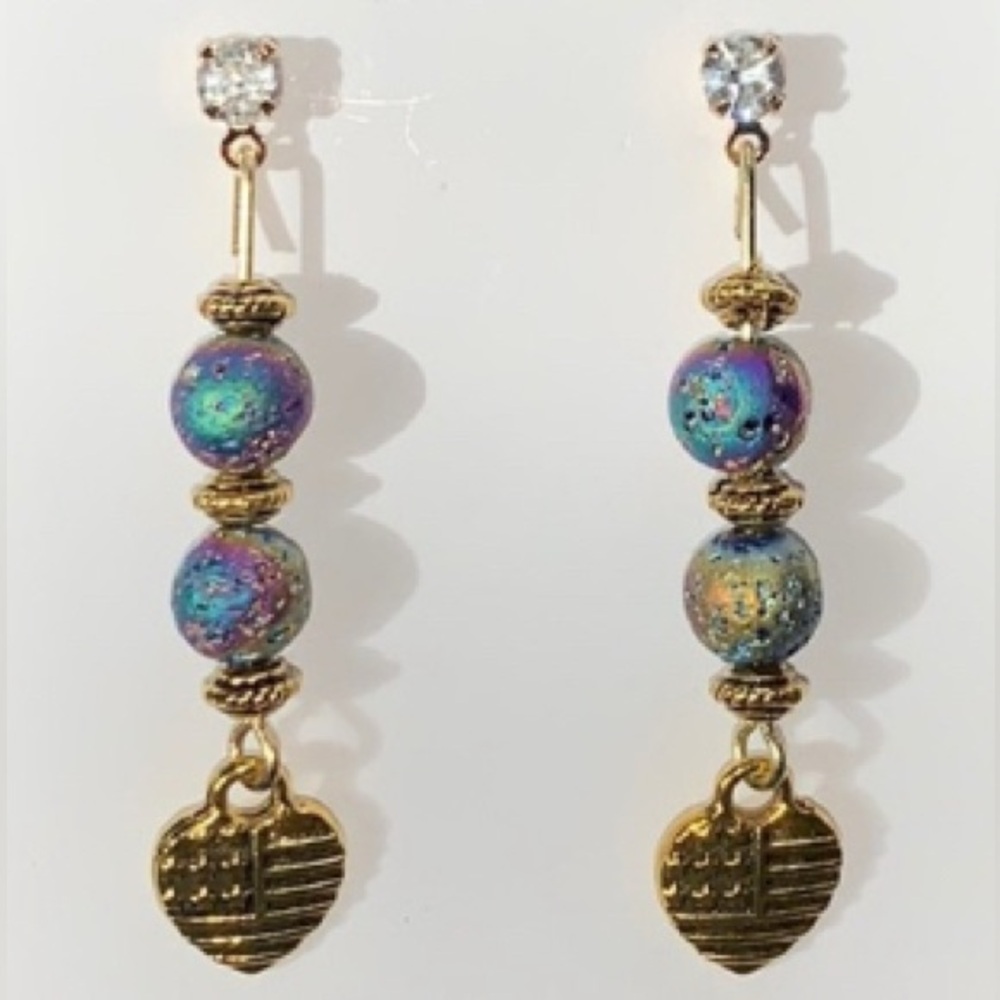 Hand Crafted Dangling Natural Volcanic Lava Stone Earrings w Heart Pendant